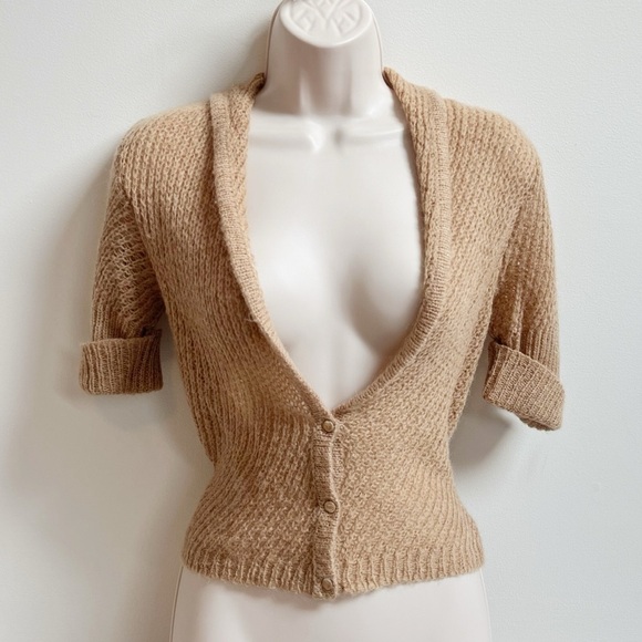 Express Mohair Wool Tan Short Sleeve Cropped Cowl Neck Knit Cardigan Sweater S - Picture 5 of 10
